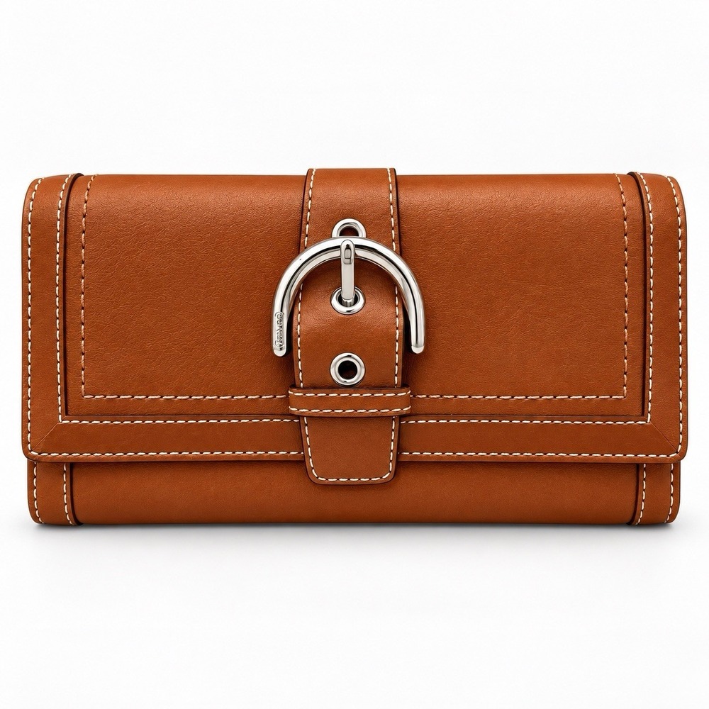 Coach Soho British Tan Leather Checkbook Wallet Y2K Buckle Silver Hardware Vtg